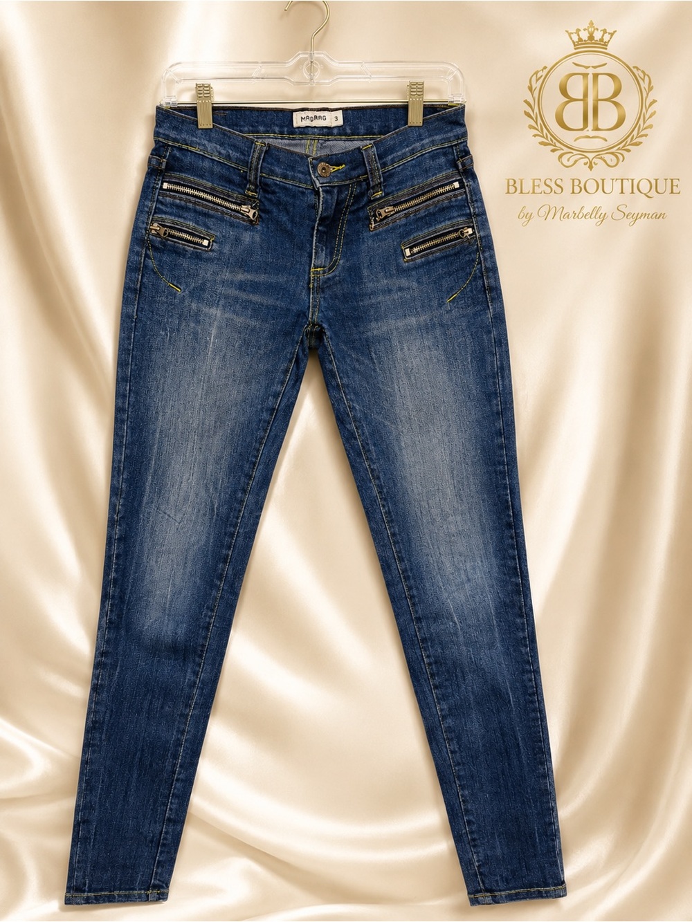 MADRAG Skinny Zip Pocket Jeans | Size 3 | Medium Wash Stretch Denim | Y2K Style